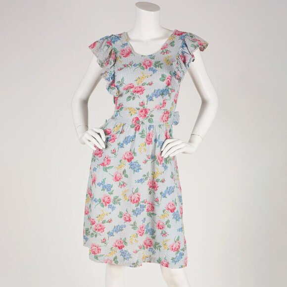 1940s Vintage Ruffle Floral Blue Cotton Apron Pinafore House Dress Sz S - Picture 3 of 6